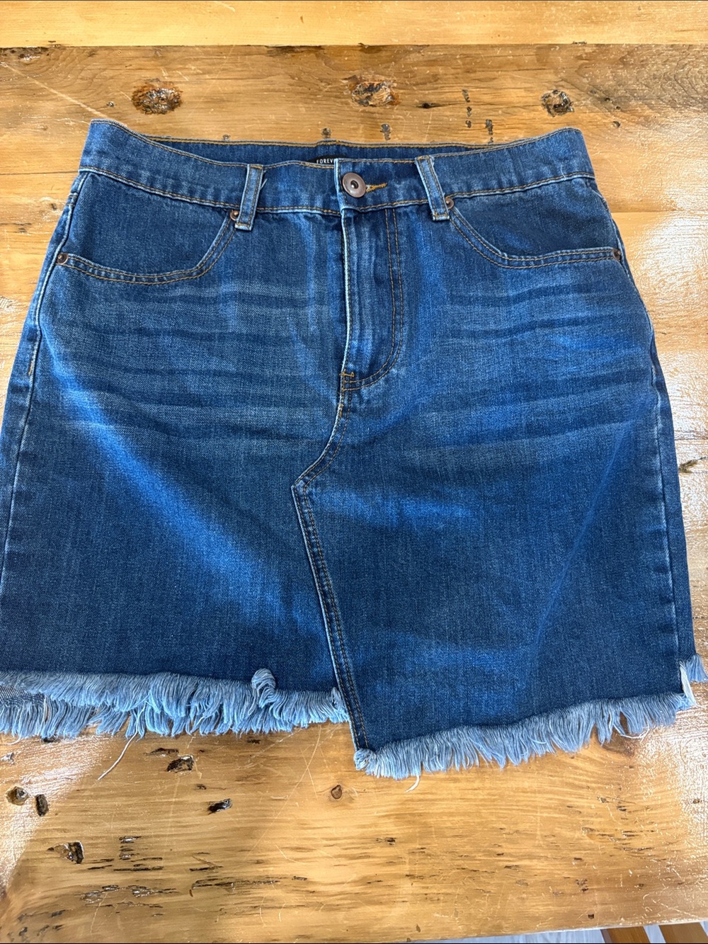 Forever 21 Dark Blue Denim Mini Skirt with Frayed Hem